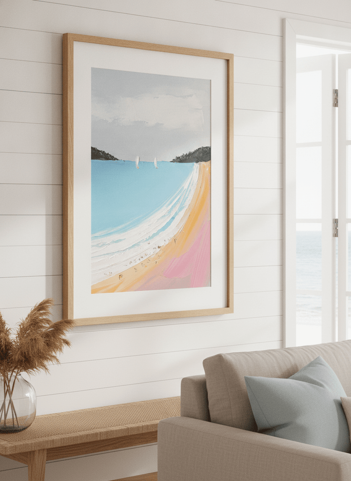 Neutral wall art displayed in a sunny coastal beach house