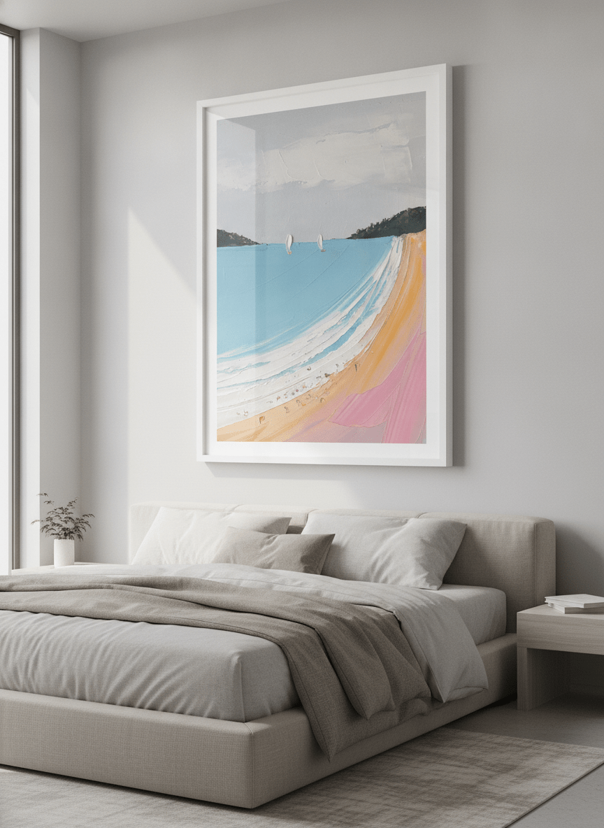 Minimalist artwork displayed in a calm, light-filled bedroom interior