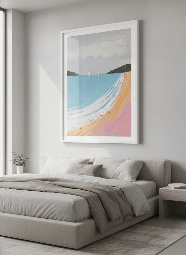 Minimalist artwork displayed in a calm, light-filled bedroom interior