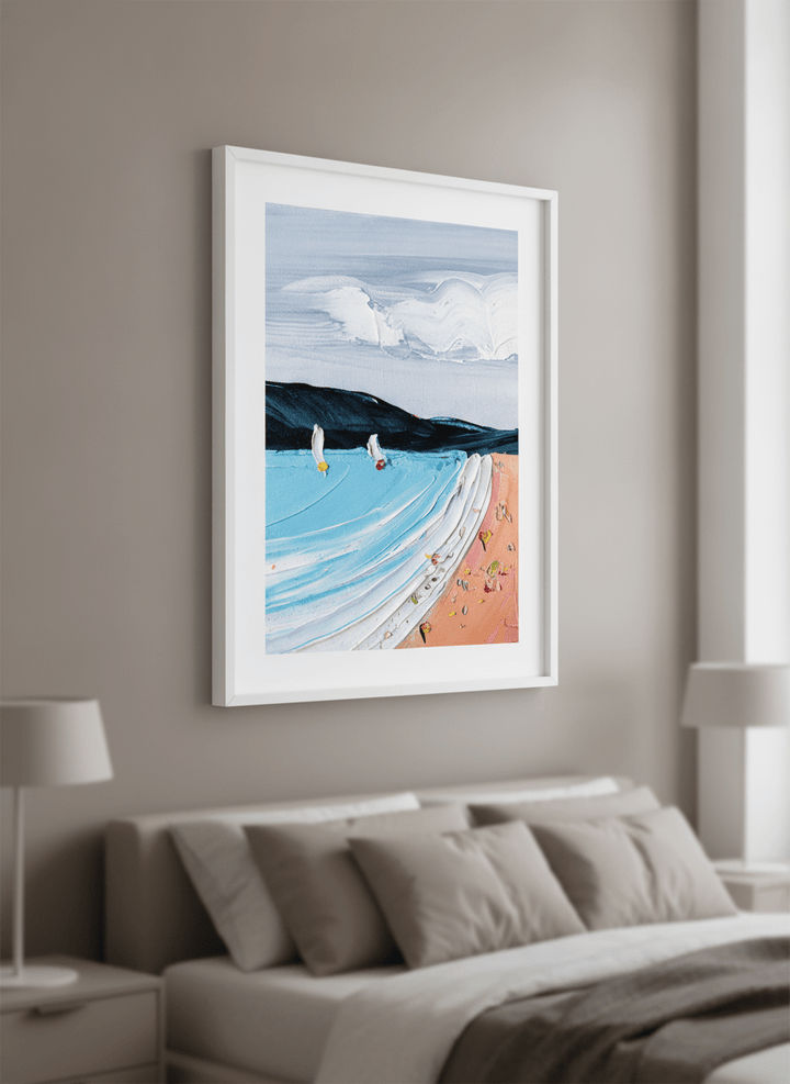 Minimalist artwork displayed in a calm, light-filled bedroom interior