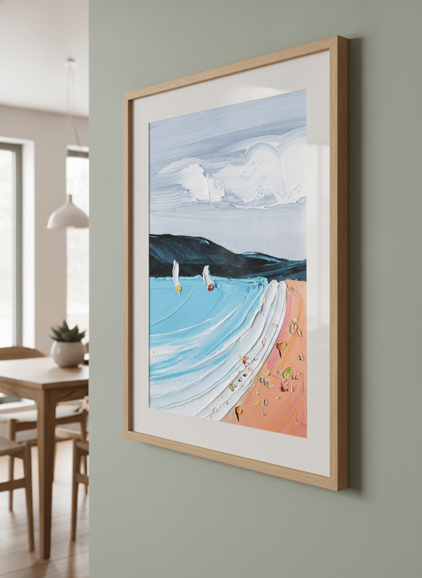 Wall art styled above a dining table in a contemporary home