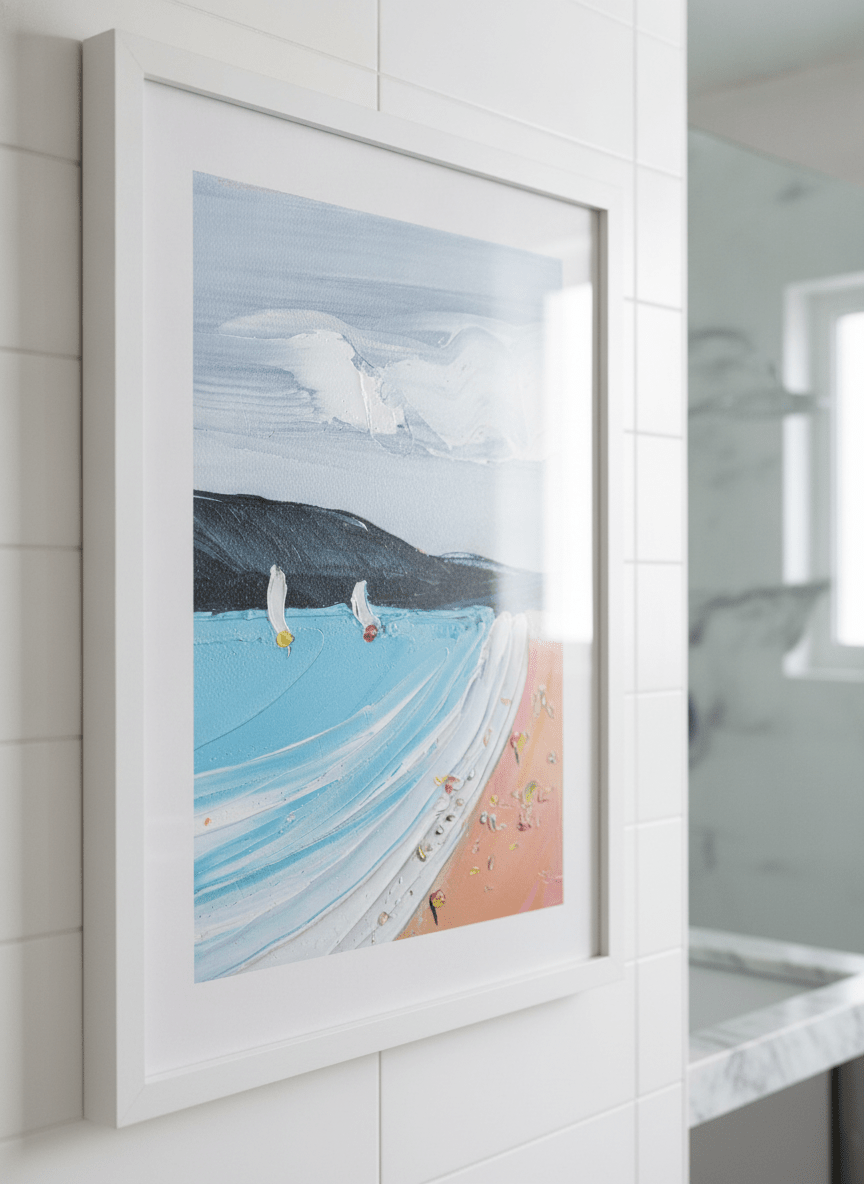 Modern print displayed in a clean minimalist bathroom setting