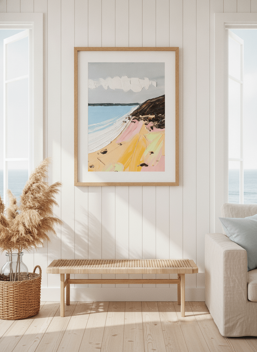 Neutral wall art displayed in a sunny coastal beach house