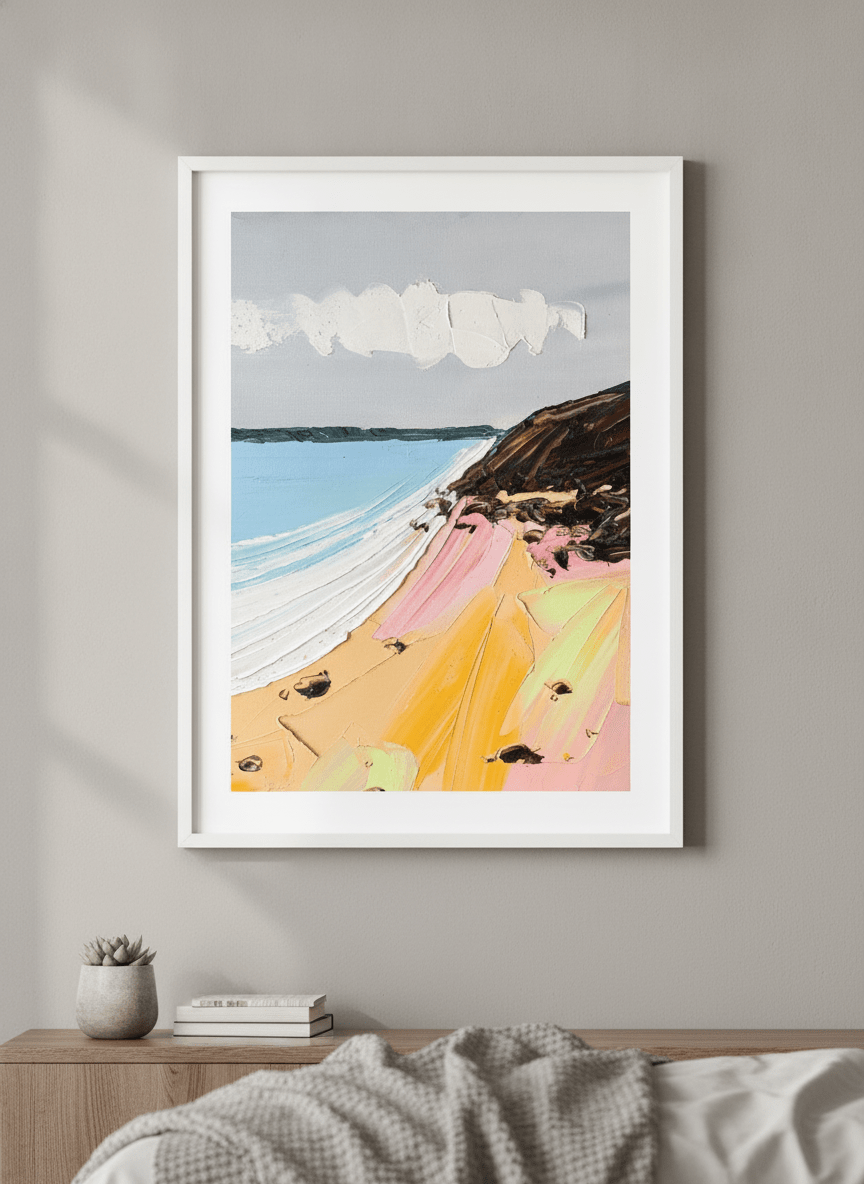 Minimalist artwork displayed in a calm, light-filled bedroom interior