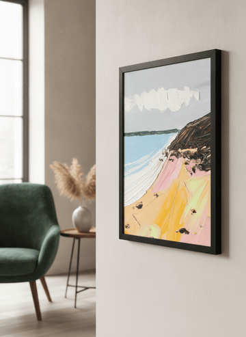 Modern wall art styled above a sofa in a neutral living room