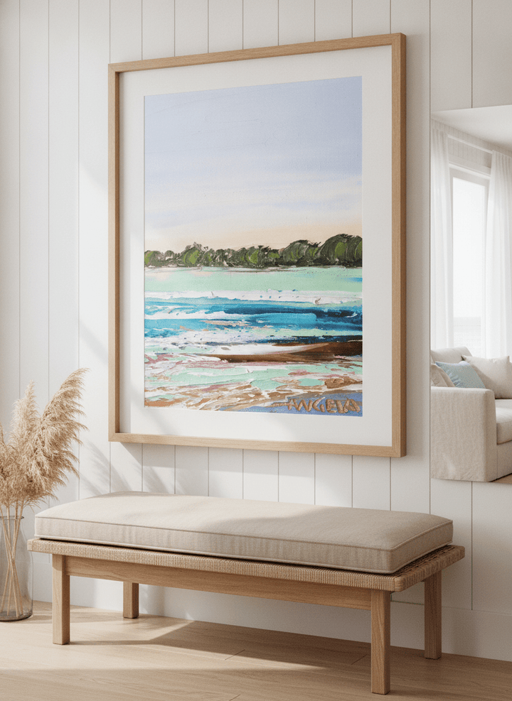 Neutral wall art displayed in a sunny coastal beach house