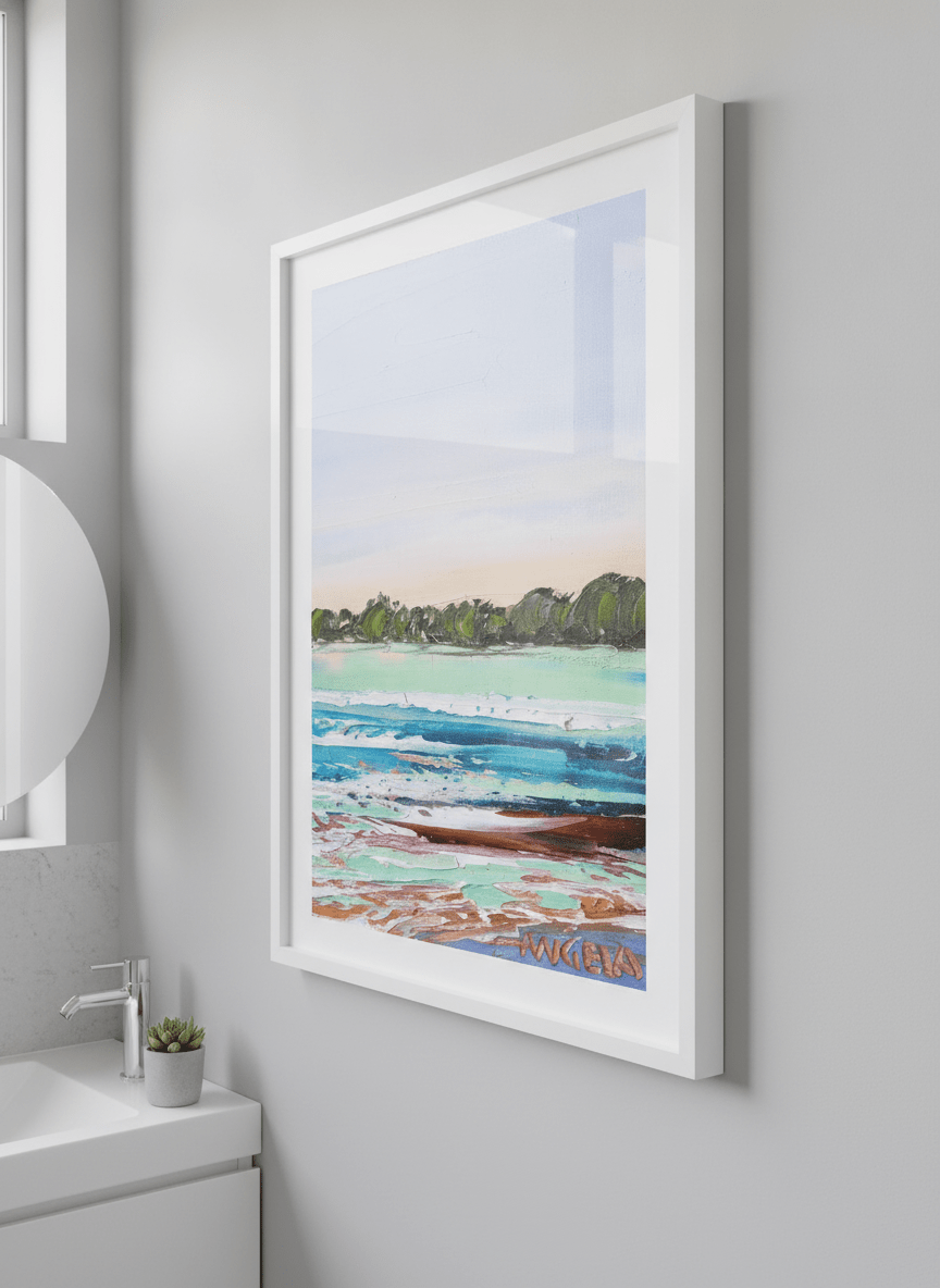 Modern print displayed in a clean minimalist bathroom setting