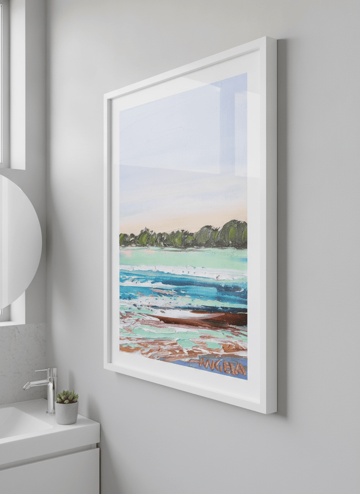 Modern print displayed in a clean minimalist bathroom setting