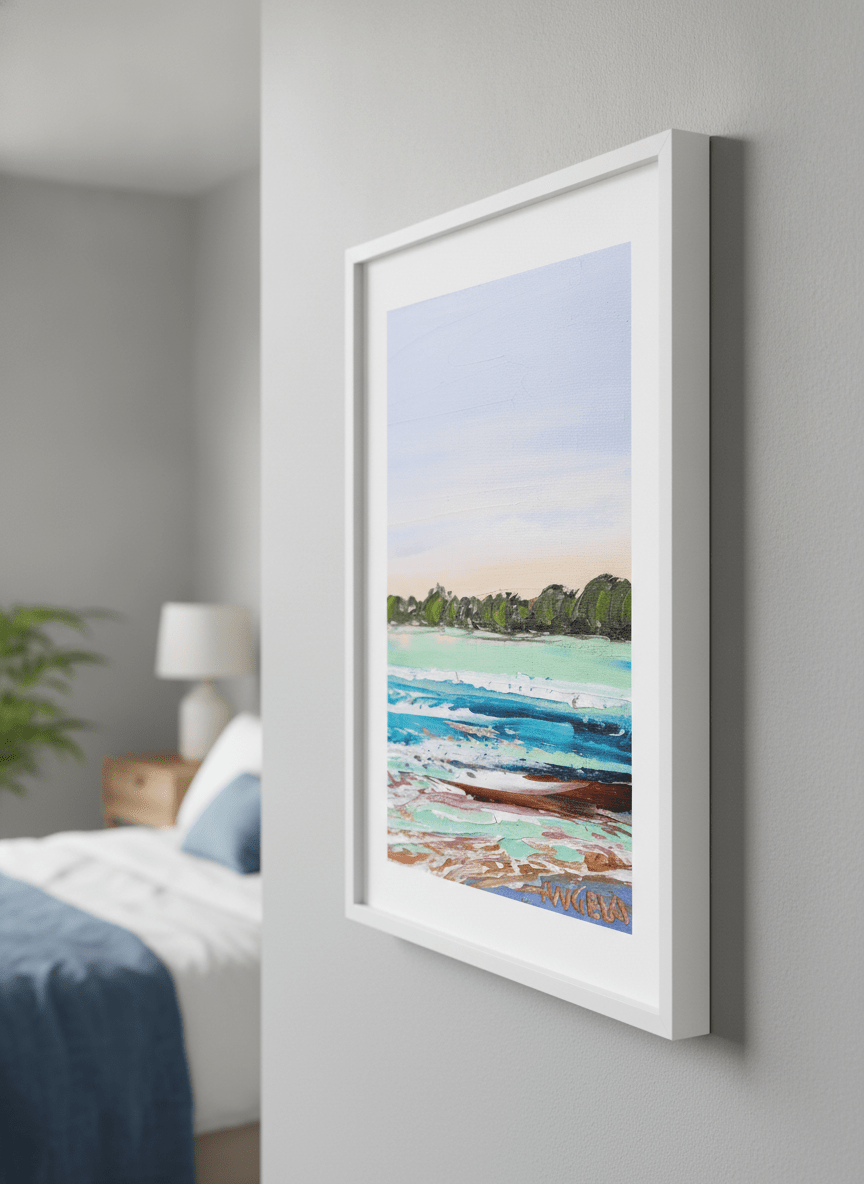 Minimalist artwork displayed in a calm, light-filled bedroom interior