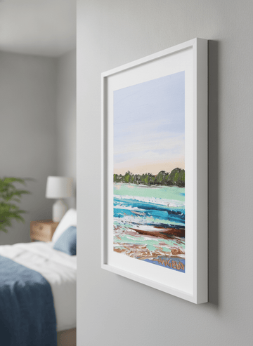 Minimalist artwork displayed in a calm, light-filled bedroom interior