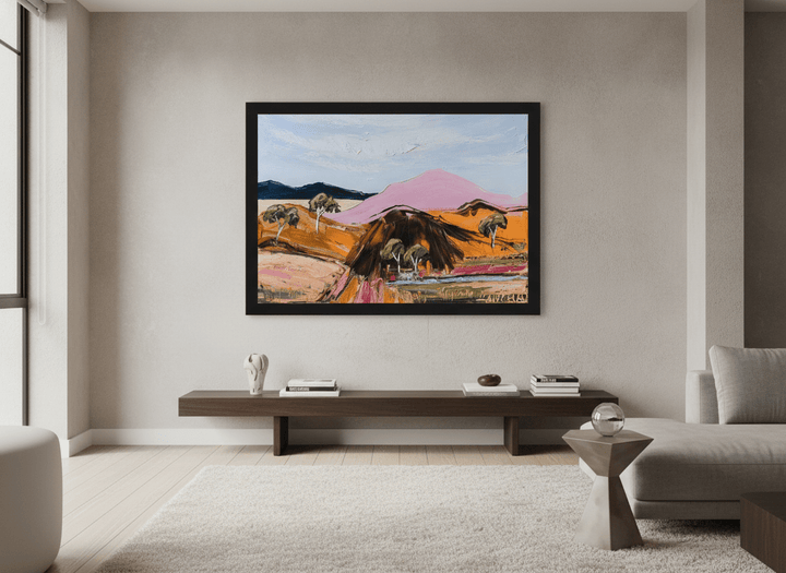 Monumental artwork centred on a feature wall in a luxe interior