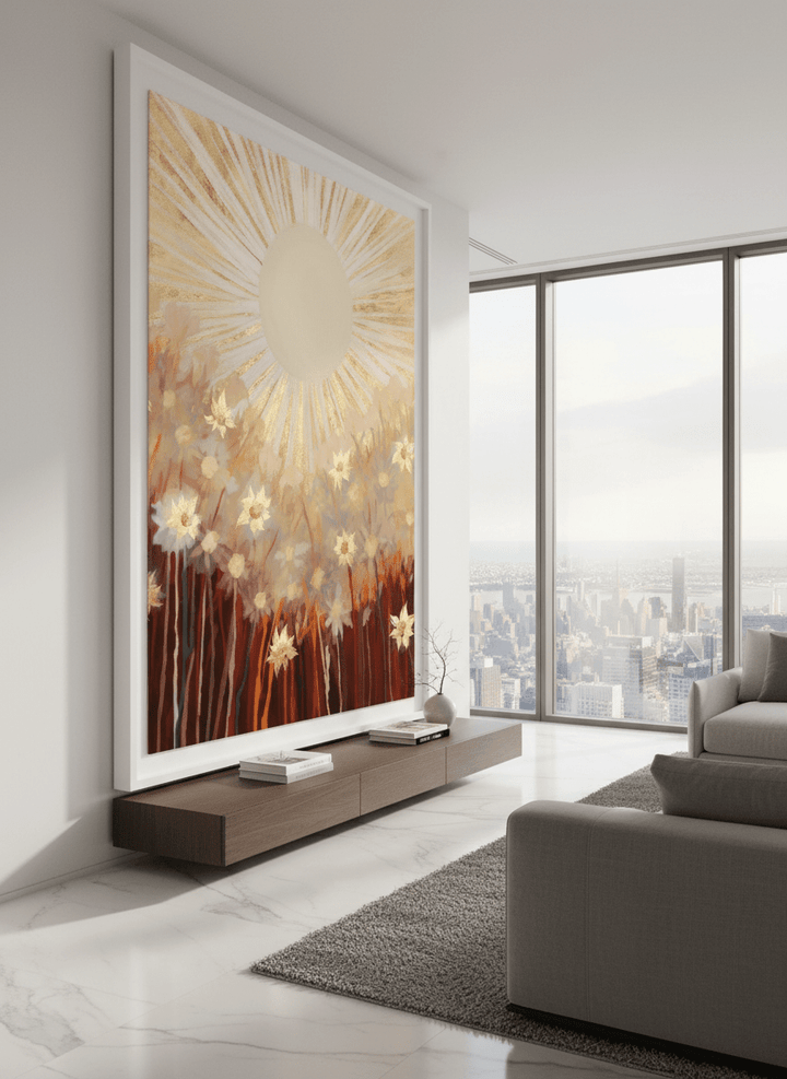 Monumental artwork centred on a feature wall in a luxe interior