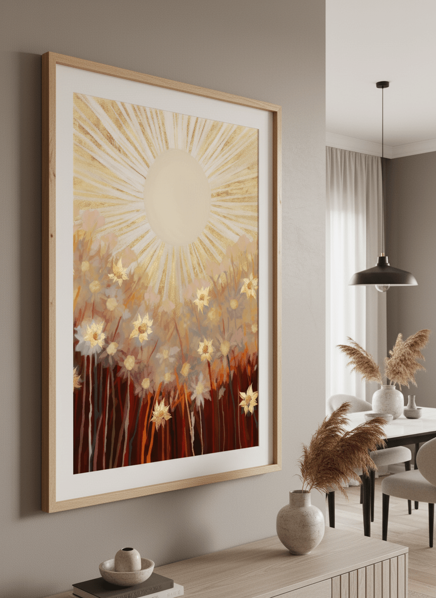 Wall art styled above a dining table in a contemporary home