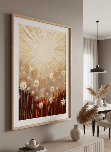 Wall art styled above a dining table in a contemporary home
