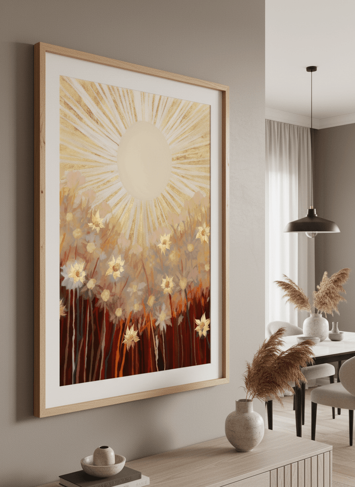 Wall art styled above a dining table in a contemporary home