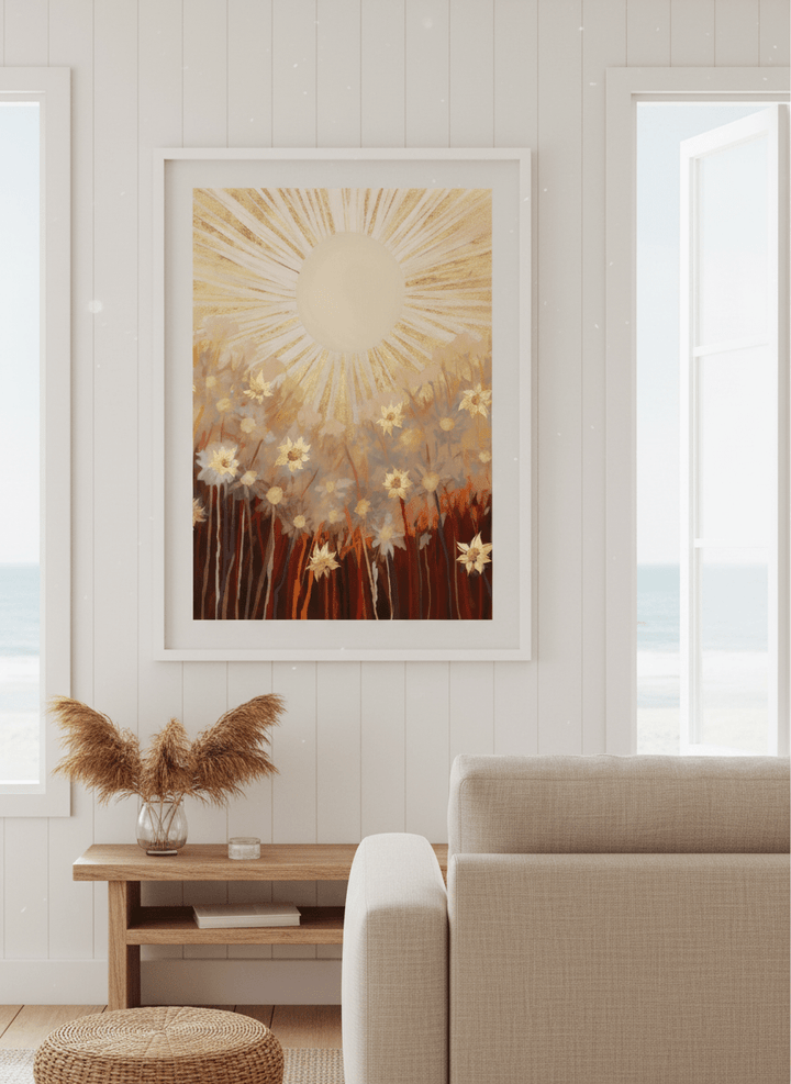 Neutral wall art displayed in a sunny coastal beach house