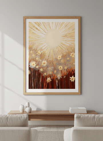 Modern wall art styled above a sofa in a neutral living room