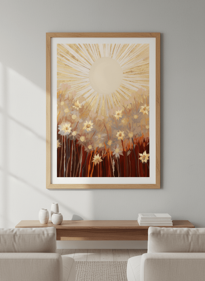 Modern wall art styled above a sofa in a neutral living room