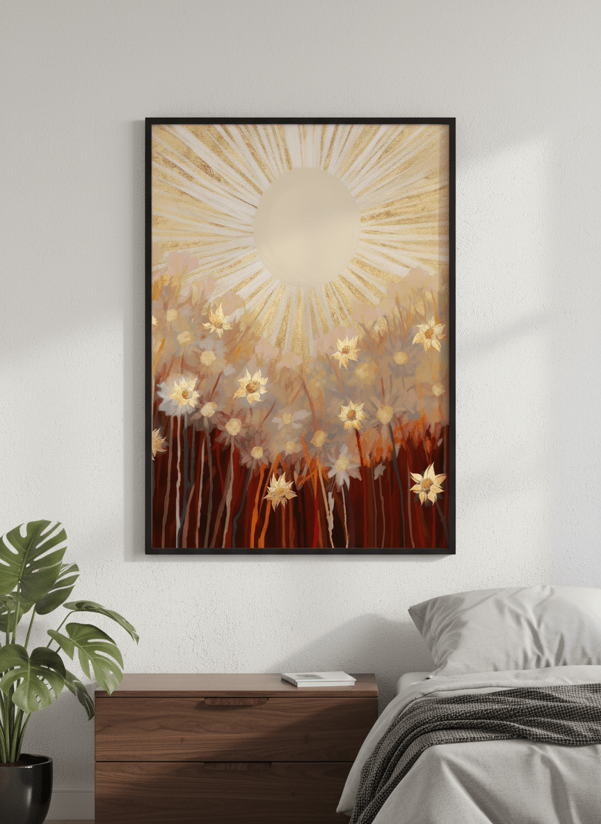 Minimalist artwork displayed in a calm, light-filled bedroom interior