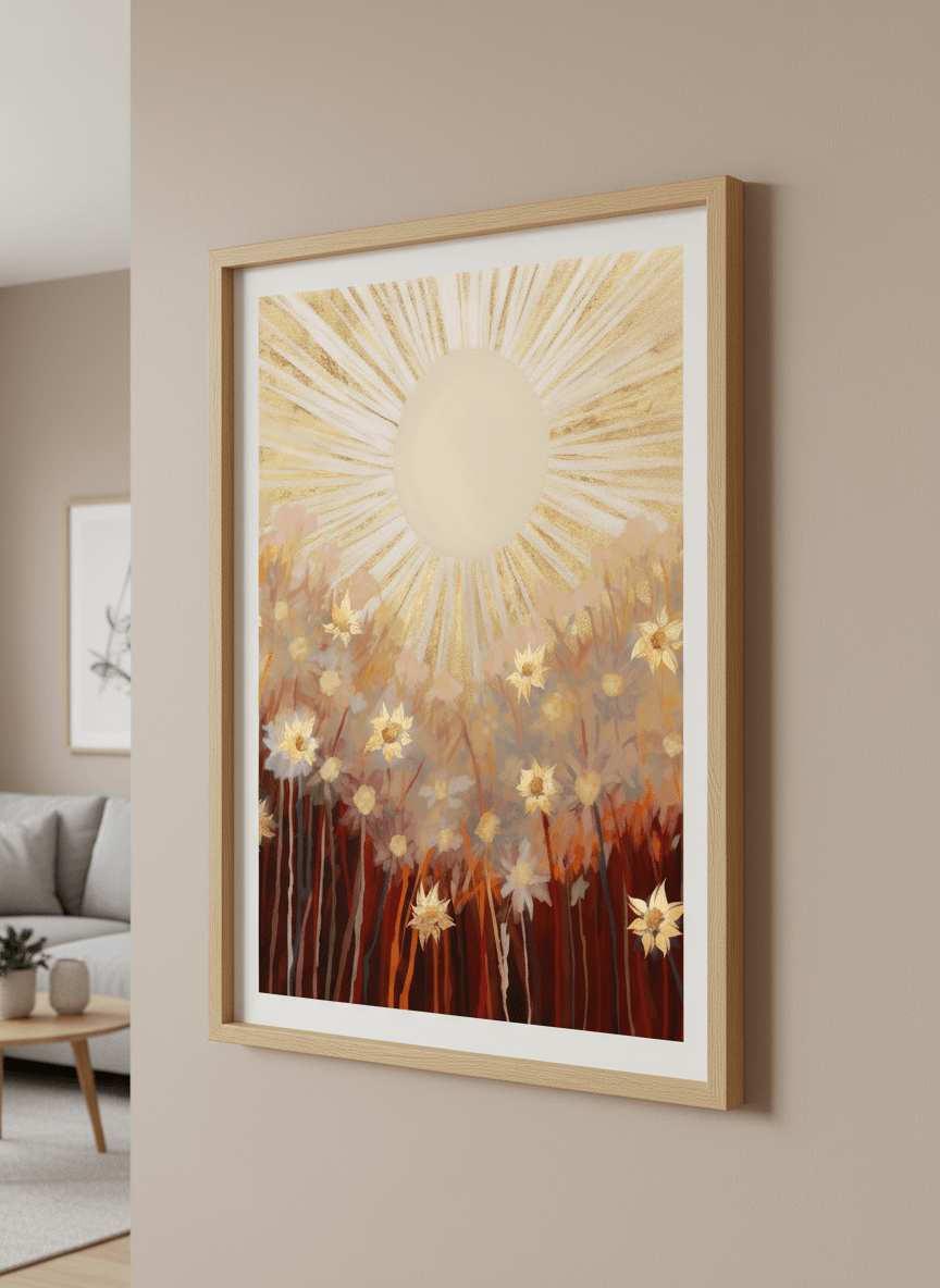 Modern wall art styled above a sofa in a neutral living room