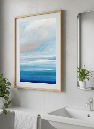 Modern print displayed in a clean minimalist bathroom setting