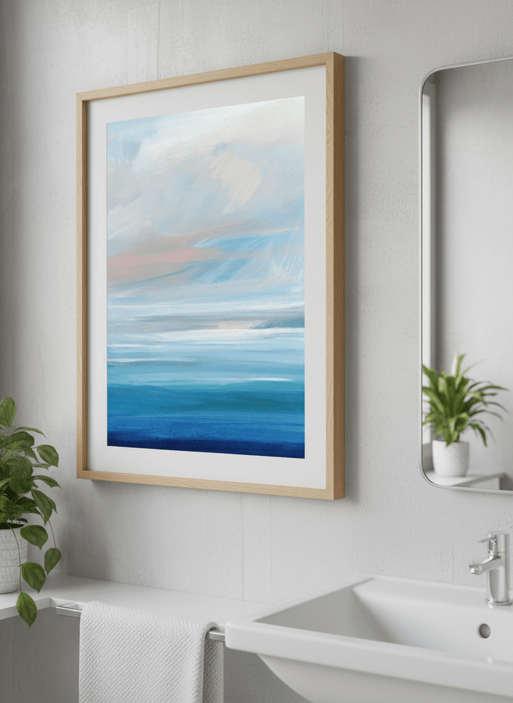 Modern print displayed in a clean minimalist bathroom setting