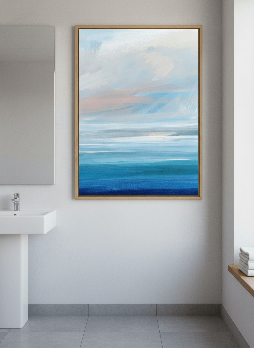 Modern print displayed in a clean minimalist bathroom setting