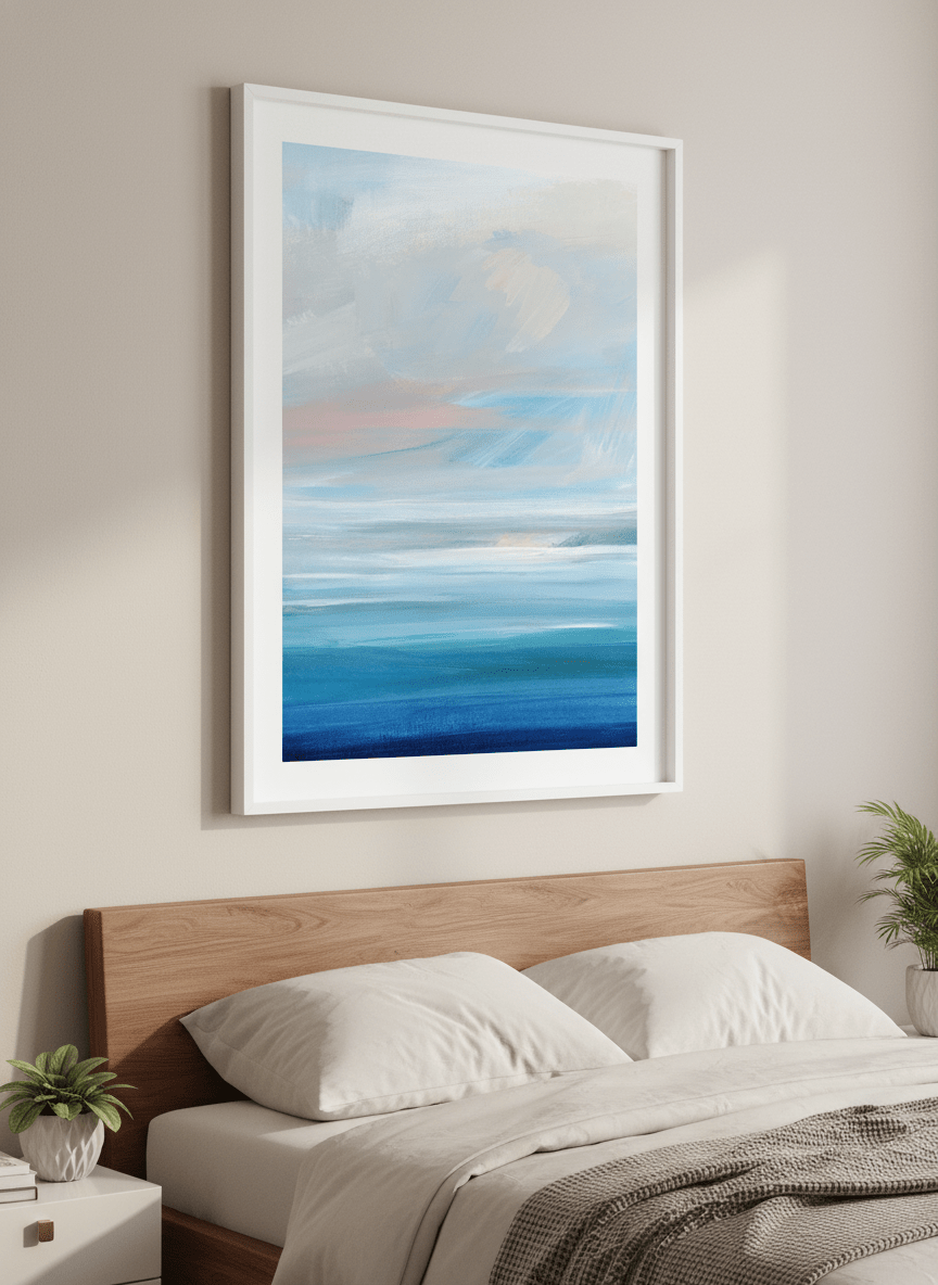Minimalist artwork displayed in a calm, light-filled bedroom interior