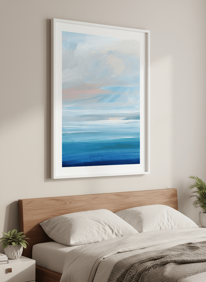 Minimalist artwork displayed in a calm, light-filled bedroom interior