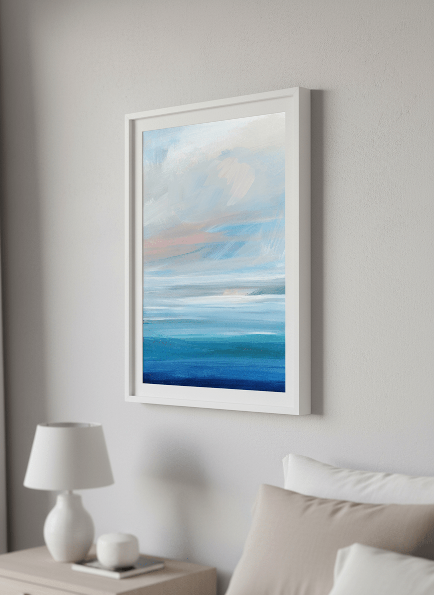 Minimalist artwork displayed in a calm, light-filled bedroom interior