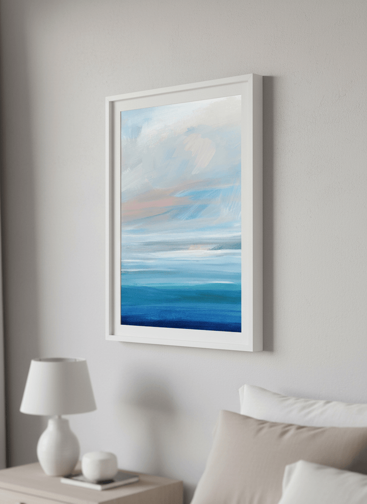 Minimalist artwork displayed in a calm, light-filled bedroom interior
