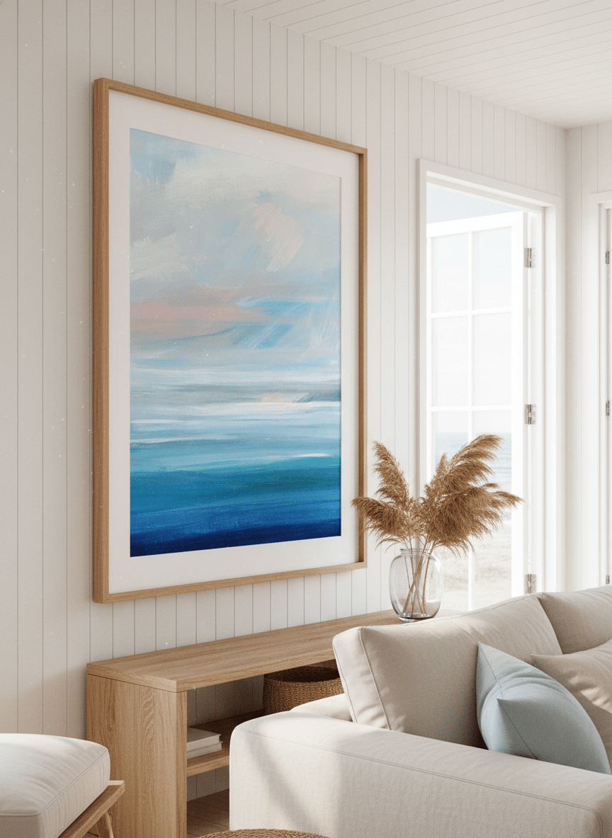 Neutral wall art displayed in a sunny coastal beach house