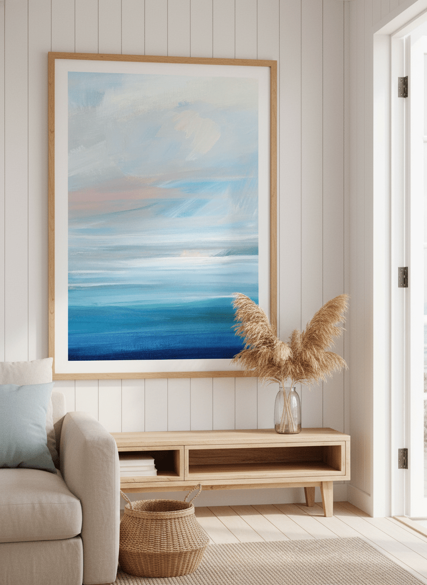 Neutral wall art displayed in a sunny coastal beach house