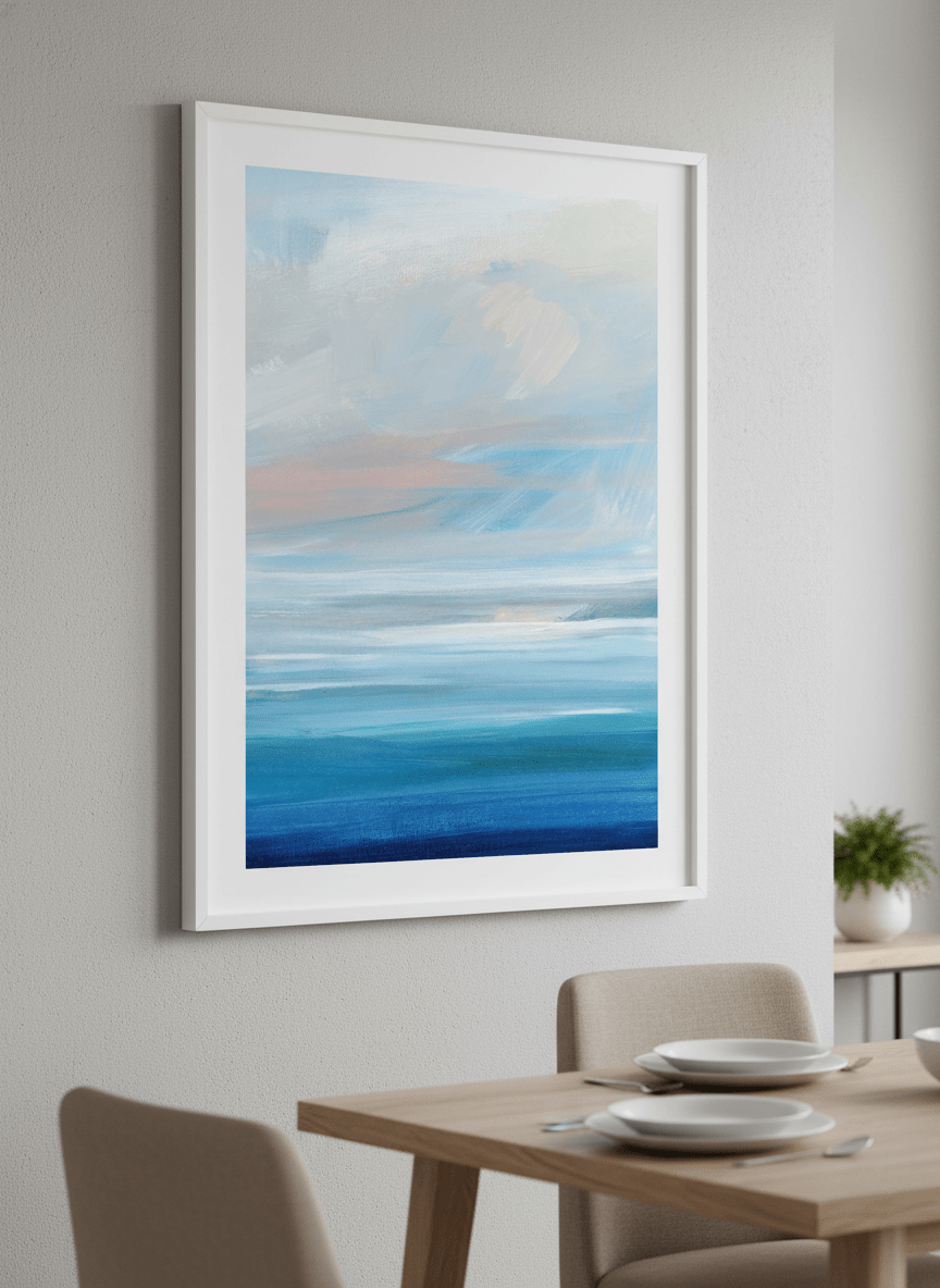 Wall art styled above a dining table in a contemporary home
