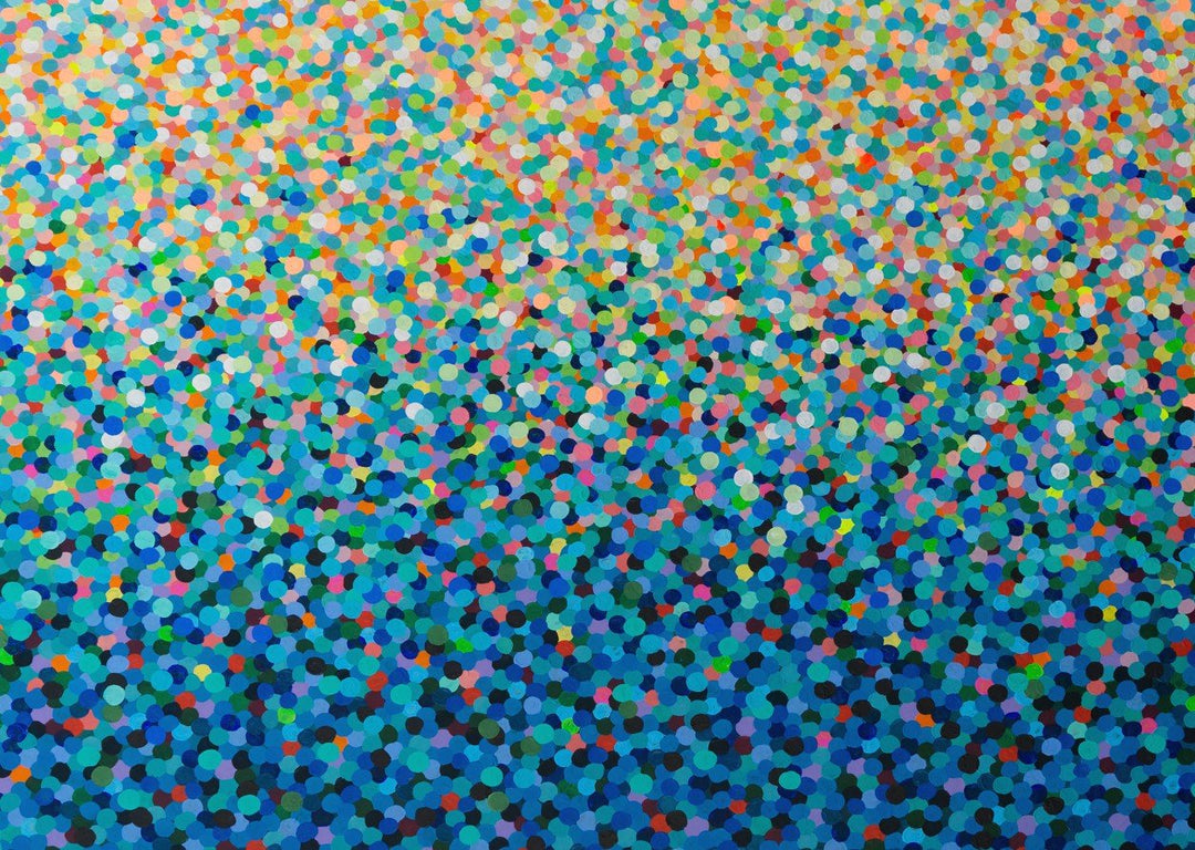 Multicolored dot pattern on a blue background framed