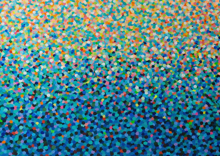 Multicolored dot pattern on a blue background framed