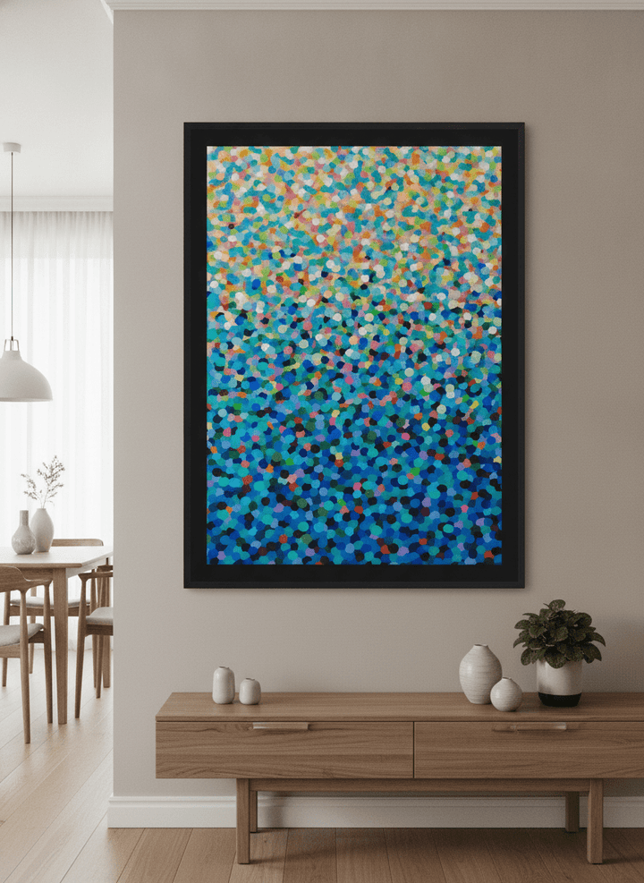 Wall art styled above a dining table in a contemporary home