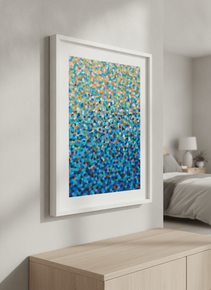 Minimalist artwork displayed in a calm, light-filled bedroom interior
