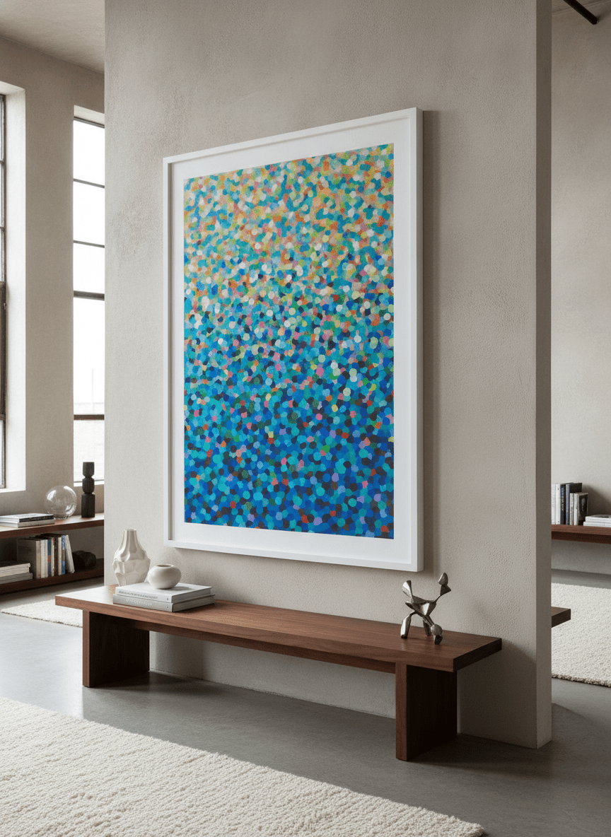 Monumental artwork centred on a feature wall in a luxe interior