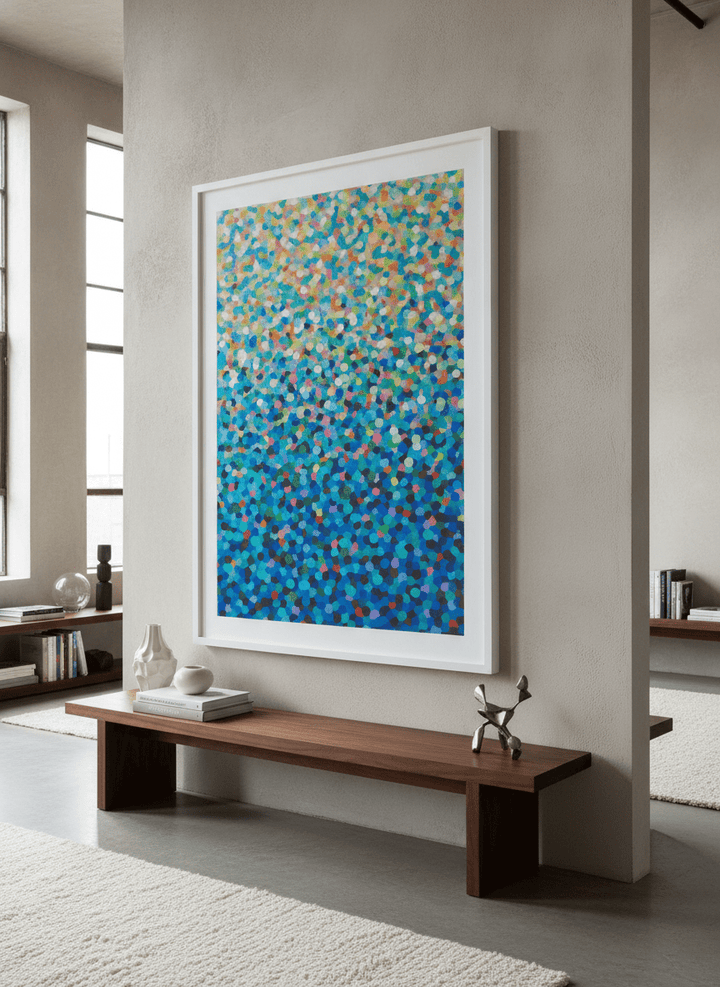 Monumental artwork centred on a feature wall in a luxe interior