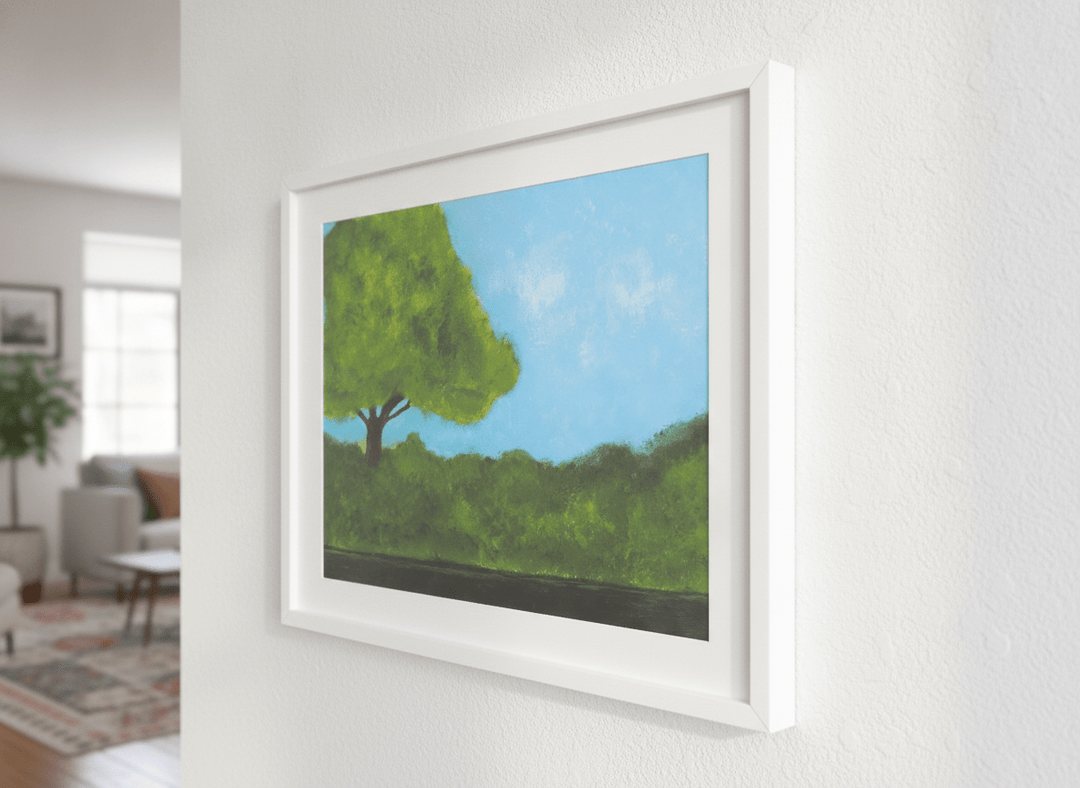 Modern wall art styled above a sofa in a neutral living room
