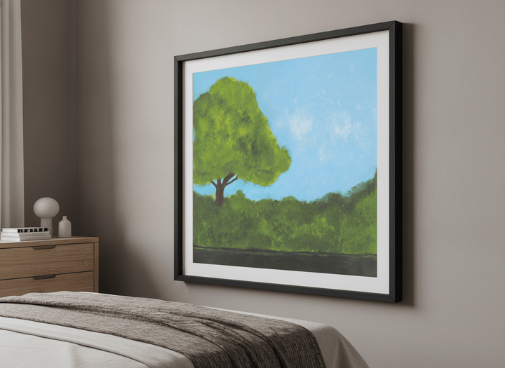 Minimalist artwork displayed in a calm, light-filled bedroom interior