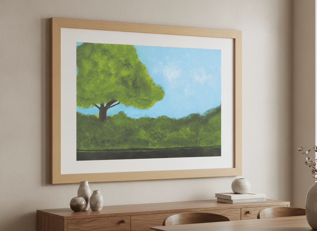 Wall art styled above a dining table in a contemporary home