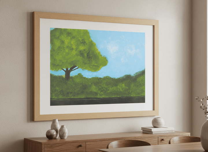 Wall art styled above a dining table in a contemporary home