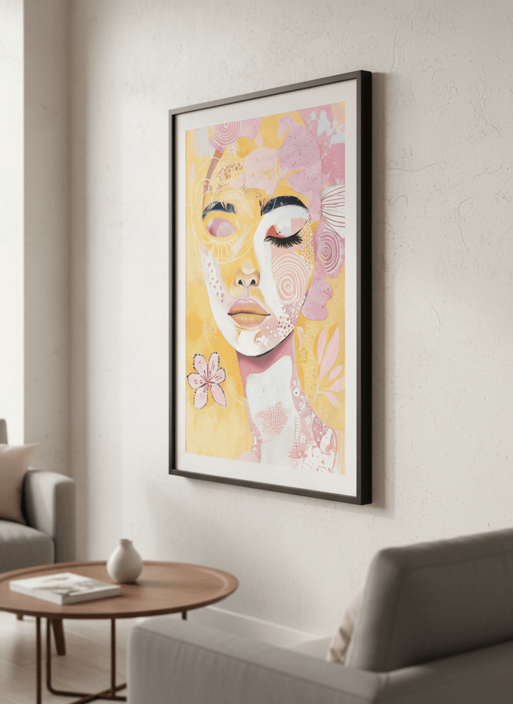 Modern wall art styled above a sofa in a neutral living room