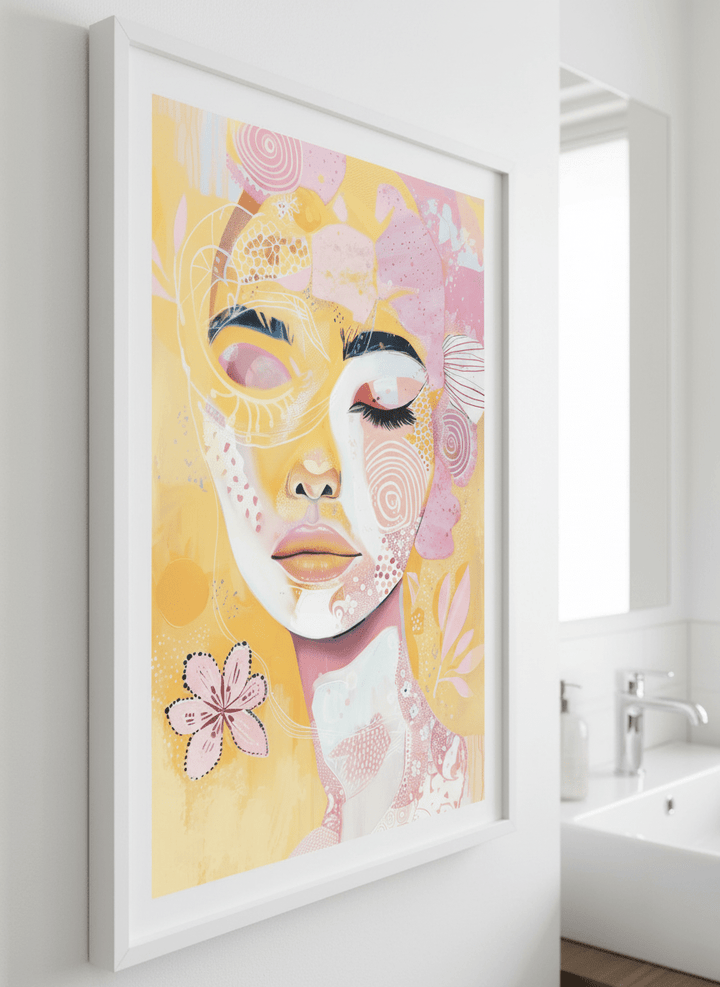 Modern print displayed in a clean minimalist bathroom setting