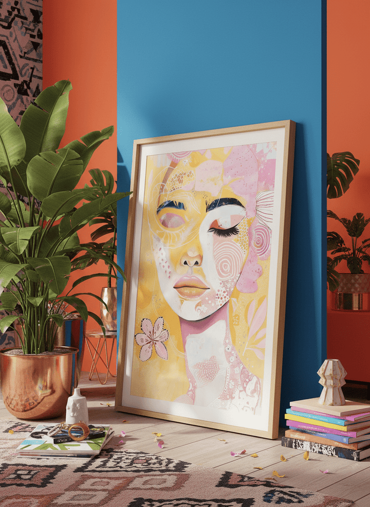 Bold wall art styled in a colourful, eclectic modern home