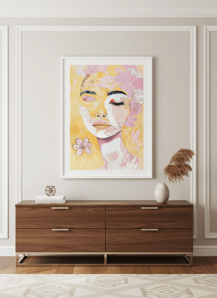 Monumental artwork centred on a feature wall in a luxe interior