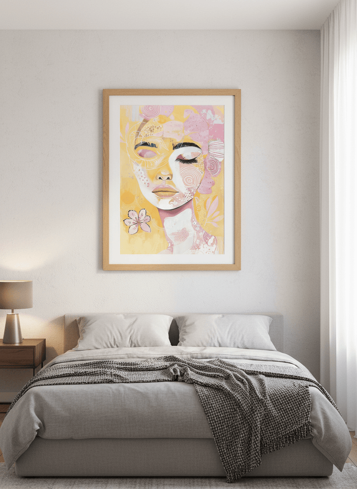 Minimalist artwork displayed in a calm, light-filled bedroom interior