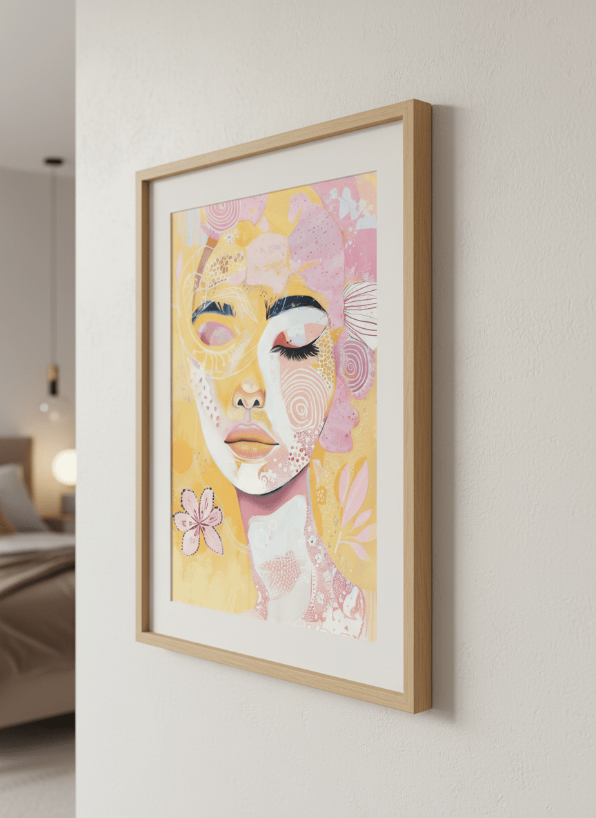 Minimalist artwork displayed in a calm, light-filled bedroom interior